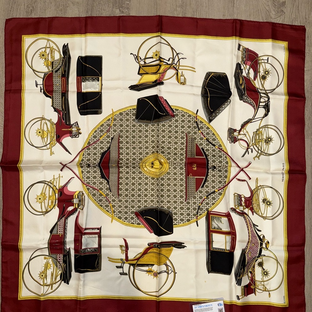 Hermes Red and Gold Horse Carriage Silk Scarf